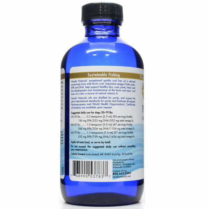 Nordic Naturals Pet Cod Liver Oil 8 fl oz suggested use label