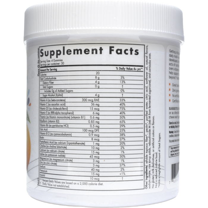 Nordic Naturals Zero Sugar Kids Multi 120 gummies supplement facts label
