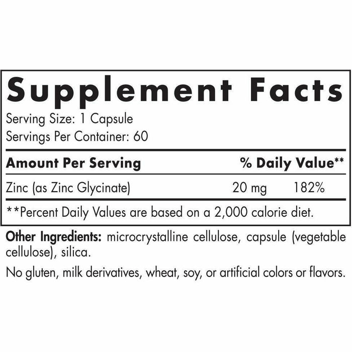 Nordic Naturals Zinc Glycinate 20 mg 60 capsules supplement facts label