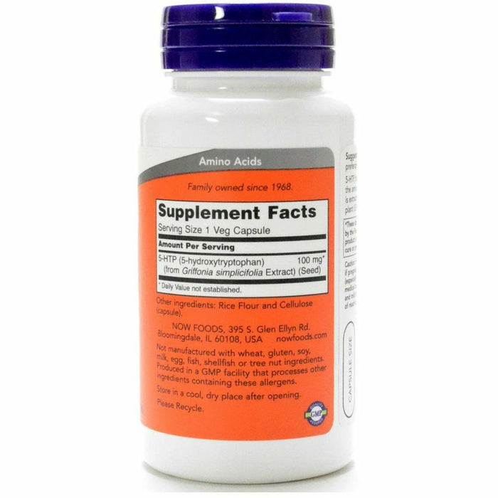 NOW 5-HTP 100 mg 60 veg capsules supplement facts label