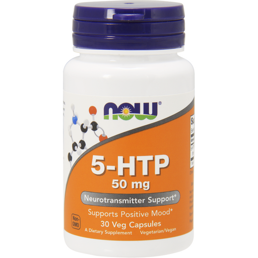 NOW 5-HTP 50 mg, 30 veg capsules, front of bottle
