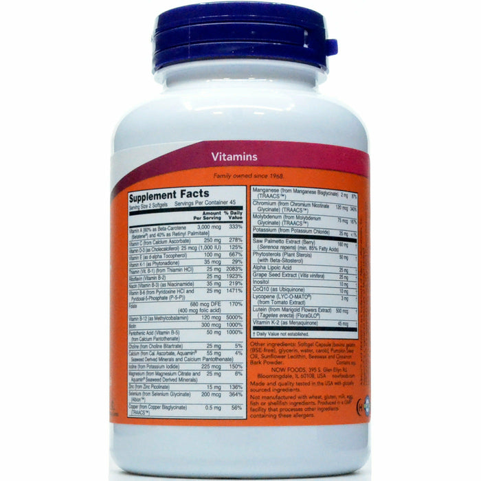 NOW Adam Men's Multi 90 softgels supplement facts label