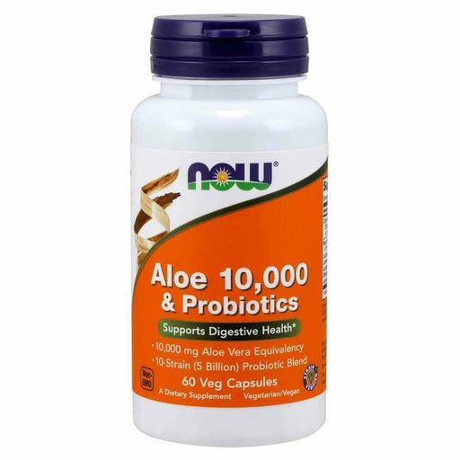 NOW Aloe 10,000 & Probiotics, 60 veg capsules, front of bottle