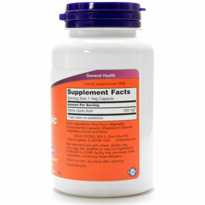 NOW Alpha Lipoic Acid 250 mg 120 veg capsules supplement facts label