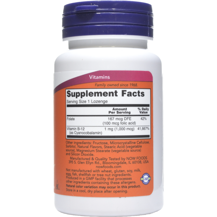 NOW B-12 1000 mcg 100 lozenges supplement facts label
