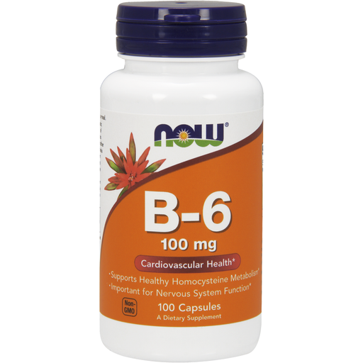 NOW B-6 100 mg, 100 capsules, front of bottle
