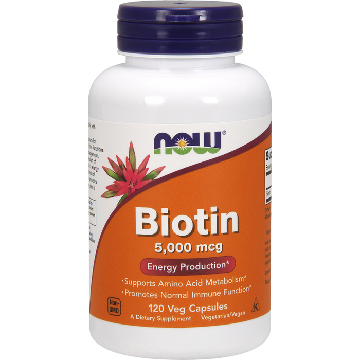 NOW Biotin 5,000 mcg, 120 veg capsules, front of bottle