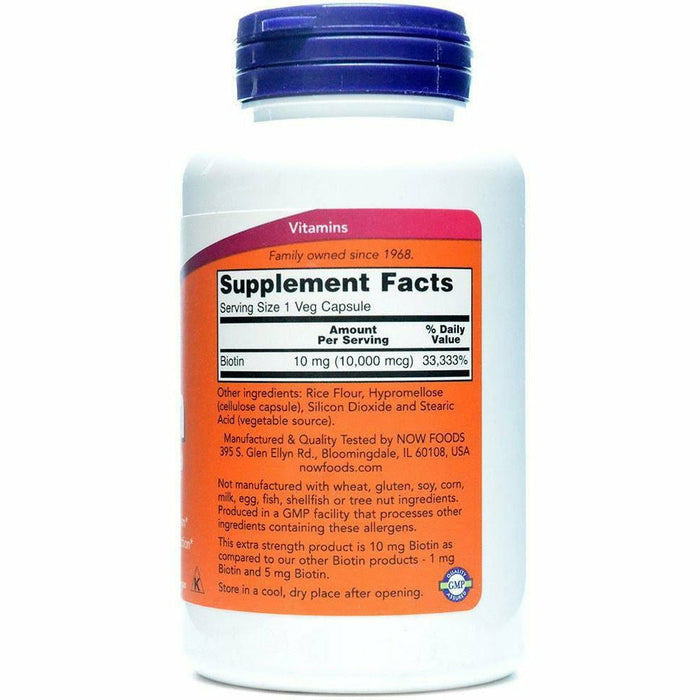 NOW Biotin Extra Strength 10 mg 120 veg capsules supplement facts label