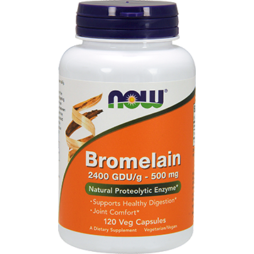 NOW Bromelain 2400 GDU/g 500 mg, 120 veg capsules, front of bottle
