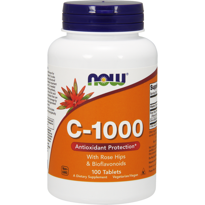 NOW C-1000 with Rose Hips & Bioflavonoids, 100 tablets, front of bottle
