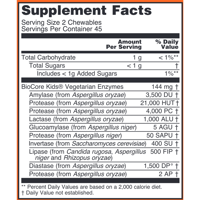 NOW ChewyZymes 90 chewable tablets supplement facts label