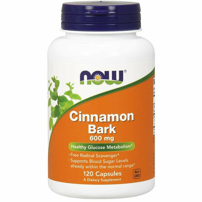 NOW Cinnamon Bark 600 mg, 120 capsules, front of bottle