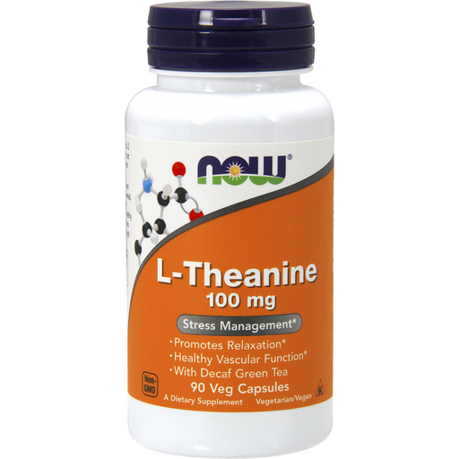 NOW L-Theanine 100 mg, 90 veg capsules, front of bottle