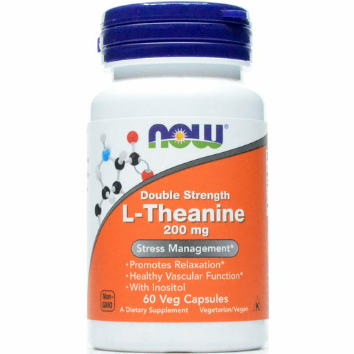 NOW L-Theanine 200 mg, 60 veg capsules, front of bottle