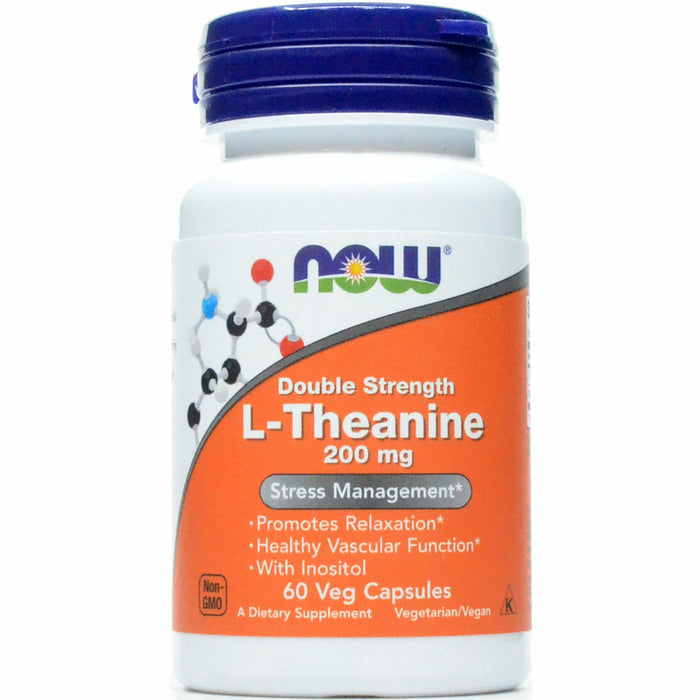 NOW L-Theanine 200 mg, 60 veg capsules, front of bottle