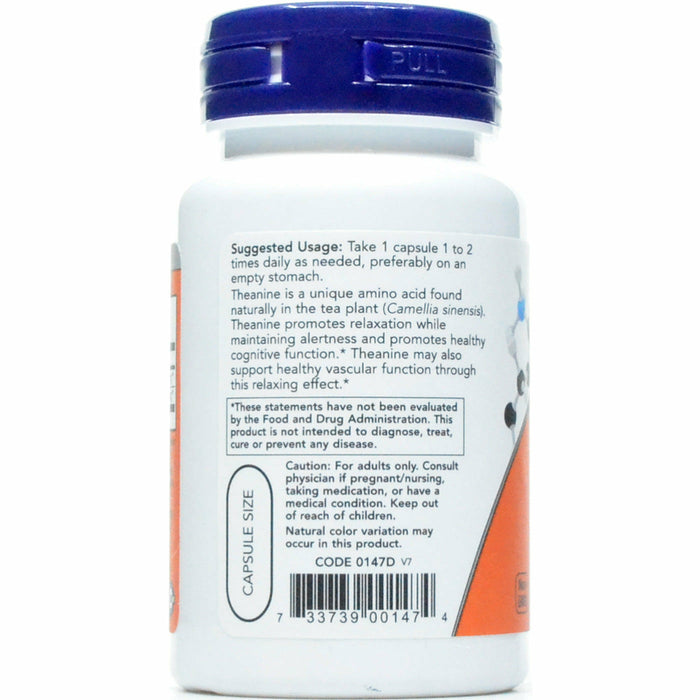 NOW L-Theanine 200 mg 60 veg capsules suggested use label
