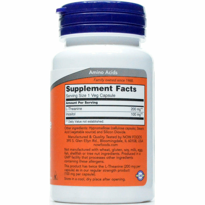 NOW L-Theanine 200 mg 60 veg capsules supplement facts label