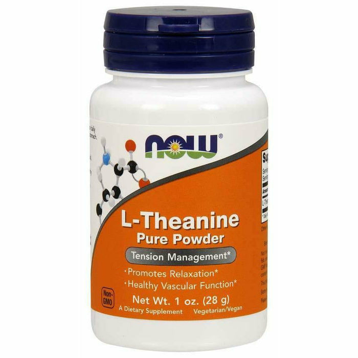 NOW L-Theanine powder, 1 oz, front of jar