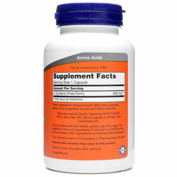 NOW L-Tyrosine 500 mg 120 capsules supplement facts label