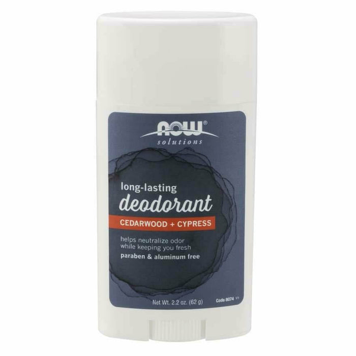 NOW Long-Lasting Deodorant Cedarwood + Cypress, 2.2 oz, front of stick