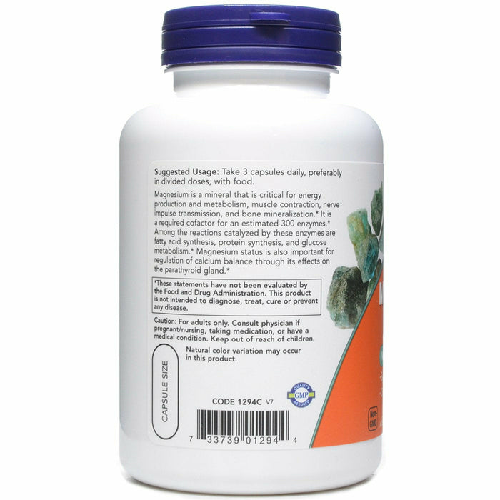 NOW Magnesium Citrate 120 veg capsules suggested use label