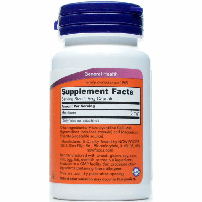 NOW Melatonin 5 mg 60 veg capsules supplement facts label