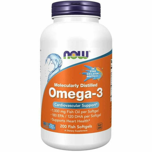 NOW Omega-3 Molecularly Distilled, 200 softgels, front of bottle