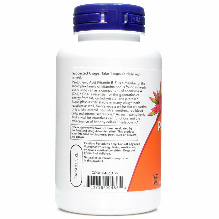NOW Pantothenic Acid 500 mg 100 capsules suggested use label