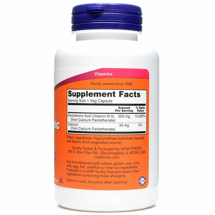 NOW Pantothenic Acid 500 mg 100 capsules supplement facts label