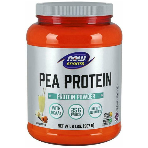 NOW Pea Protein Vanilla Toffee, 2 lb, front of jar