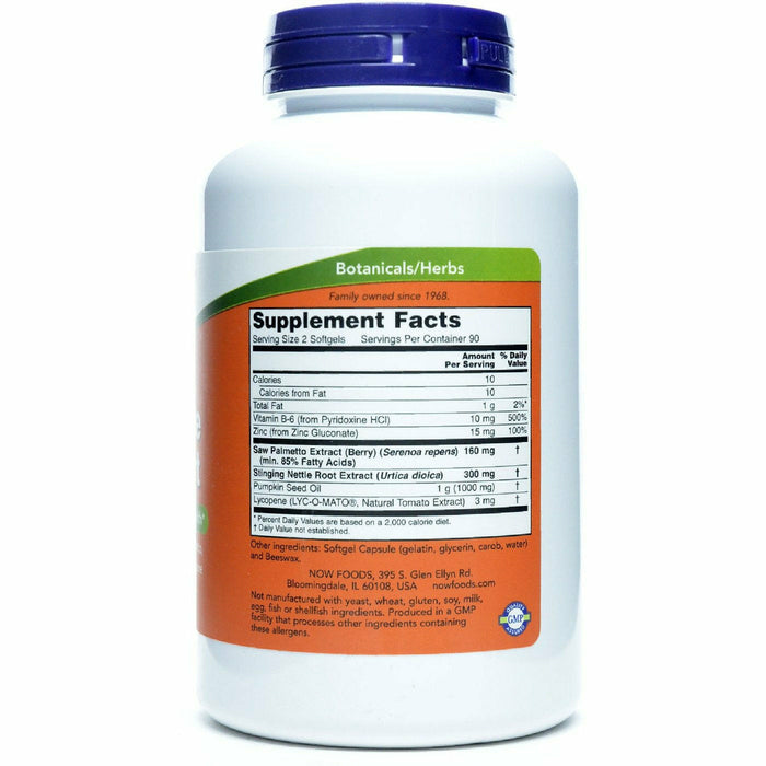 NOW Prostate Support 180 softgels supplement facts label