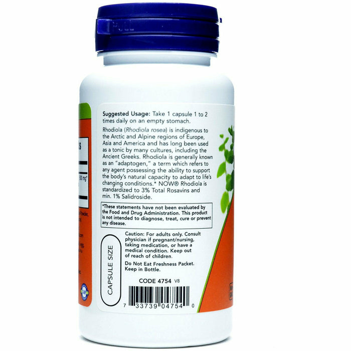 NOW Rhodiola 500 mg 60 veg capsules suggested use label