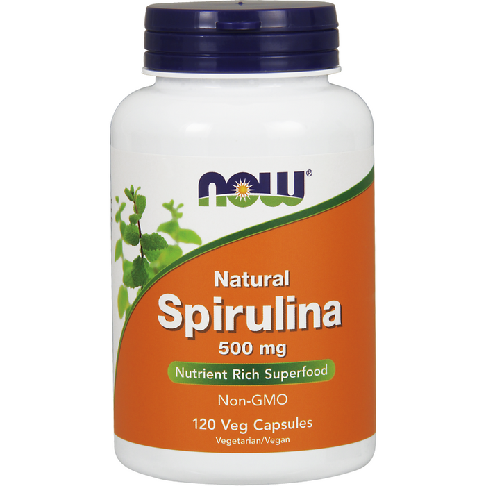 NOW Spirulina 500 mg, 120 veg capsules, front of bottle
