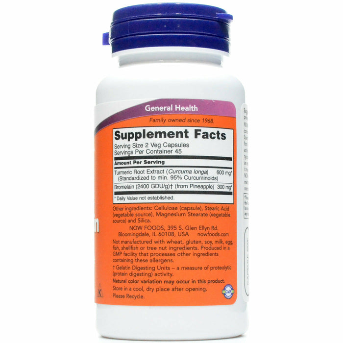 NOW Turmeric & Bromelain 90 veg capsules supplement facts label