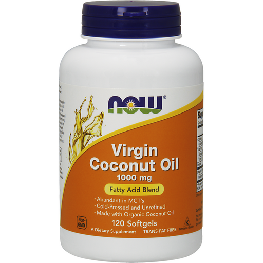 NOW Virgin Coconut Oil 1000 mg, 120 softgels, front of bottle