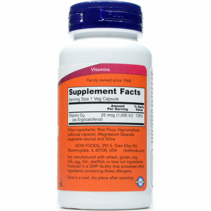 NOW Vitamin D 1000 IU 120 veg capsules supplement facts label