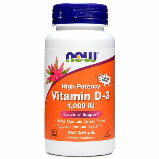 NOW Vitamin D-3 1000 IU, 360 softgels, front of bottle