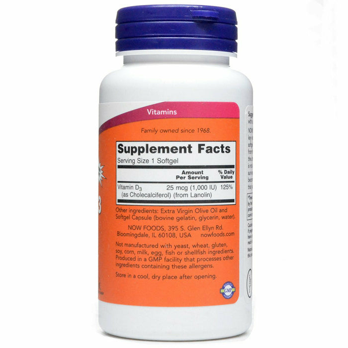 NOW Vitamin D-3 1000 IU 360 softgels supplement facts label
