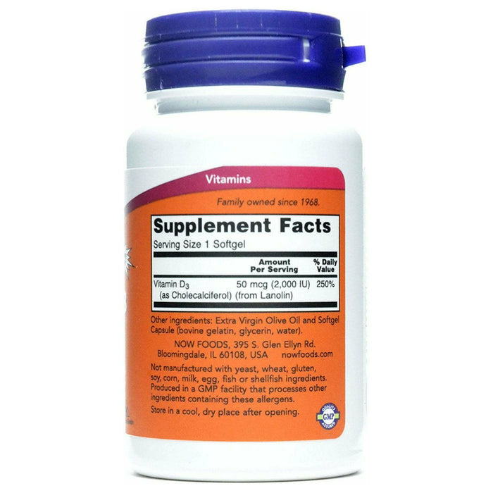 NOW Vitamin D-3 2000 IU 240 softgels supplement facts label