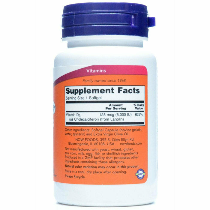 NOW Vitamin D-3 5000 IU 240 softgels supplement facts label