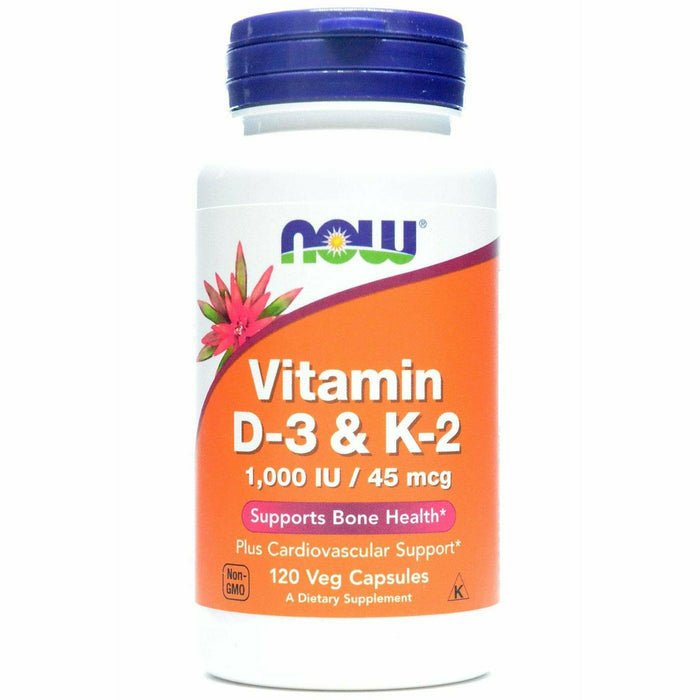 NOW Vitamin D-3 & K-2 1000 IU/45 mcg, 120 veg capsules, front of bottle