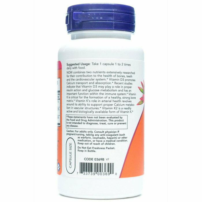 NOW Vitamin D-3 & K-2 1000 IU/45 mcg 120 veg capsules suggested use label
