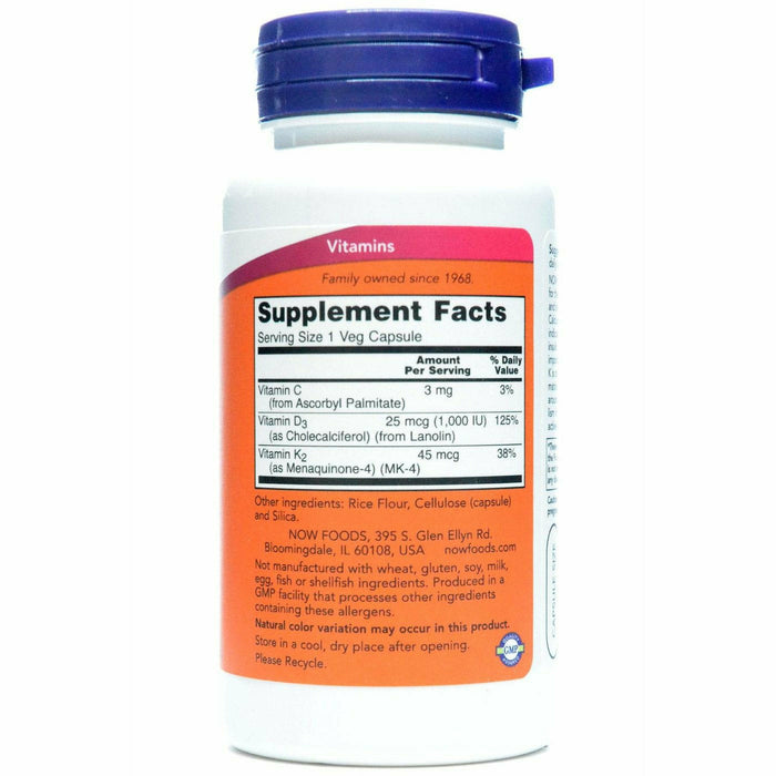 NOW Vitamin D-3 & K-2 1000 IU/45 mcg 120 veg capsules supplement facts label