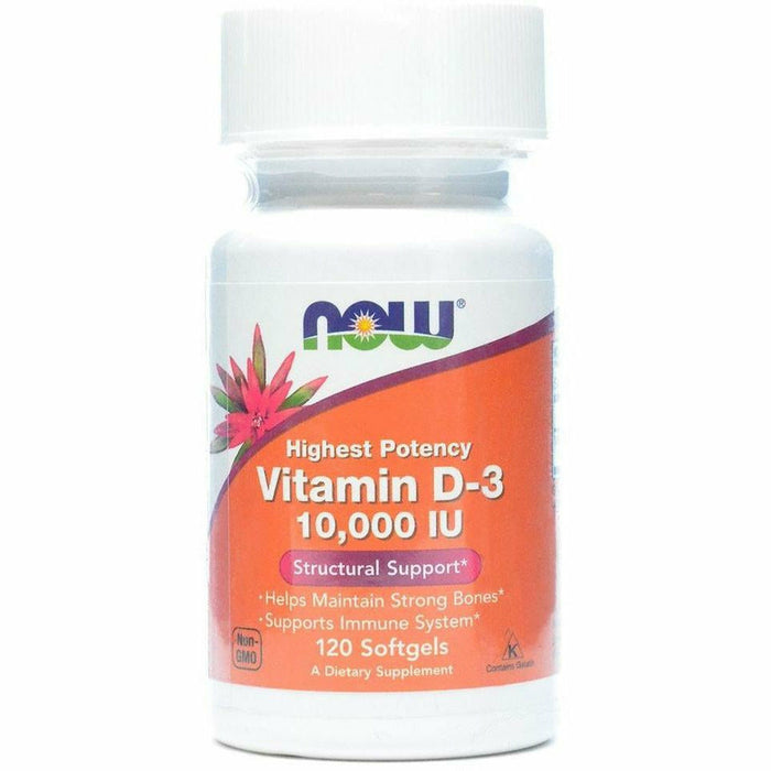 NOW Vitamin D3 10,000 IU, 120 softgels, front of bottle