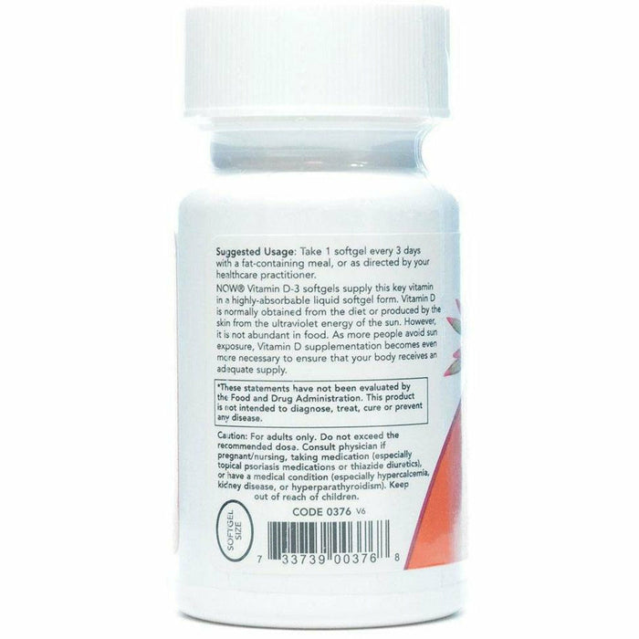 NOW Vitamin D3 10,000 IU 120 softgels suggested use label