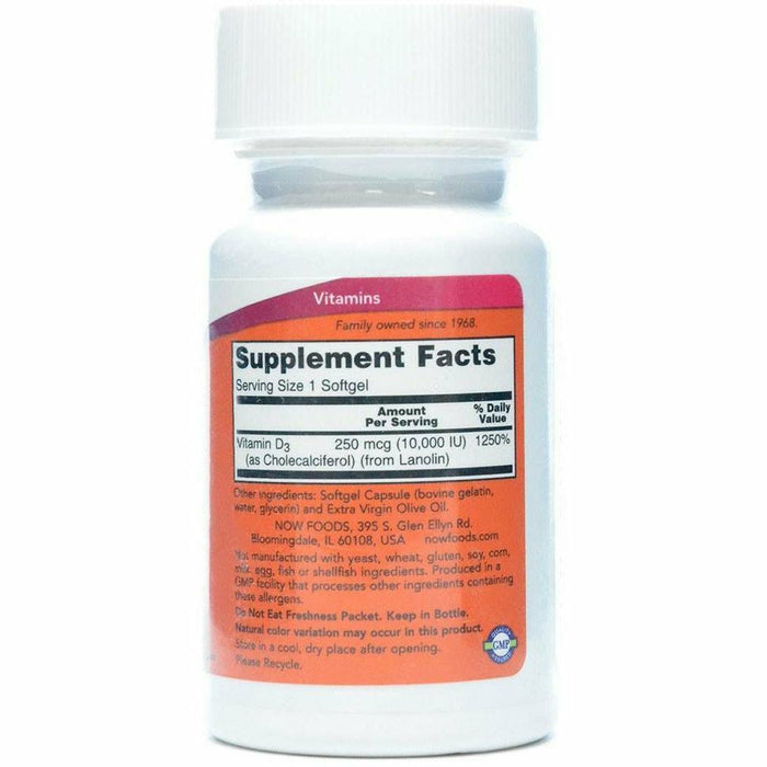 NOW Vitamin D3 10,000 IU 120 softgels supplement facts label