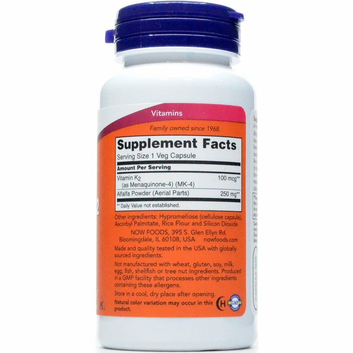 NOW Vitamin K-2 100 mcg 100 veg capsules supplement facts label