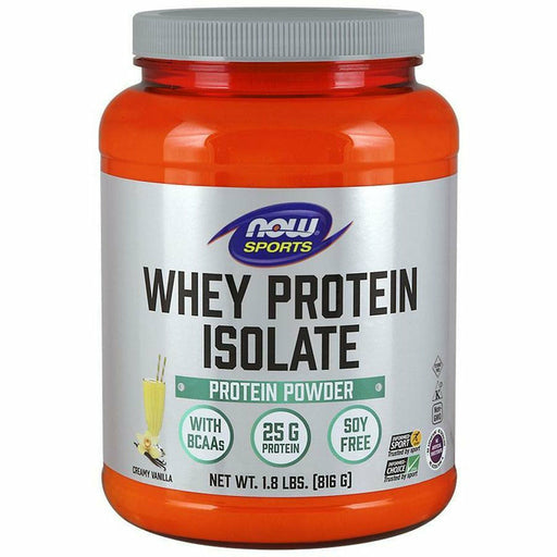 NOW Whey Protein Isolate (Vanilla), 1.8 lb, front of jar