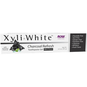 NOW XyliWhite Charcoal Refresh Toothpaste Gel, 6.4 oz, front of box