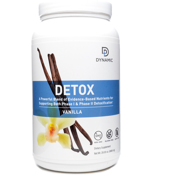 NutriDyn Dynamic Detox Vanilla powder, front of canister